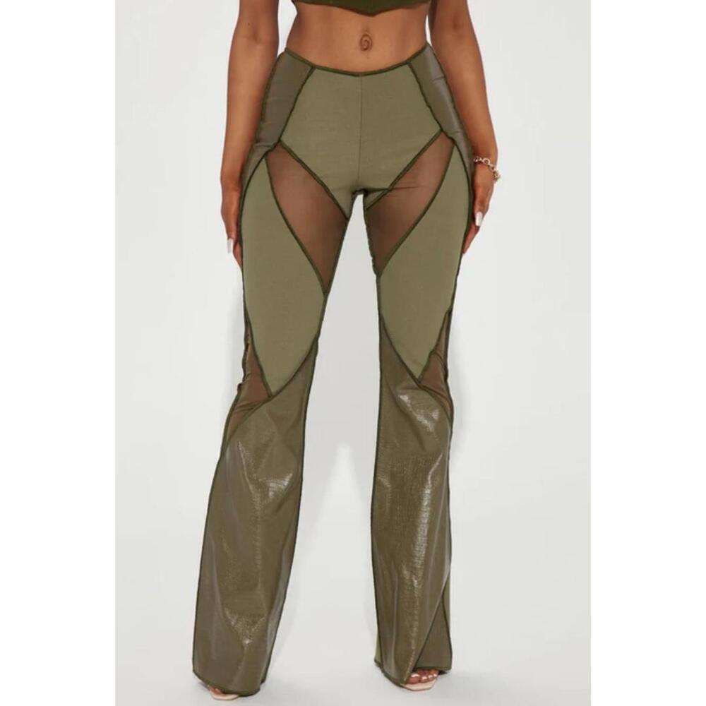 Fashion Nova pants womens large L green mesh sheer flare wild rave 90s y2k party